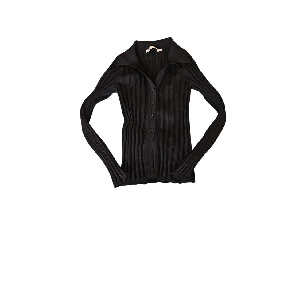 ASTR The Label Black Ribbed Button Up Long Sleeve Fitted Knit Top Size M